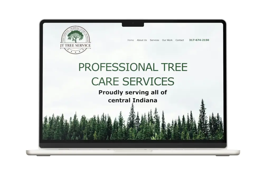 A website homepage for a tree services company on a laptop.